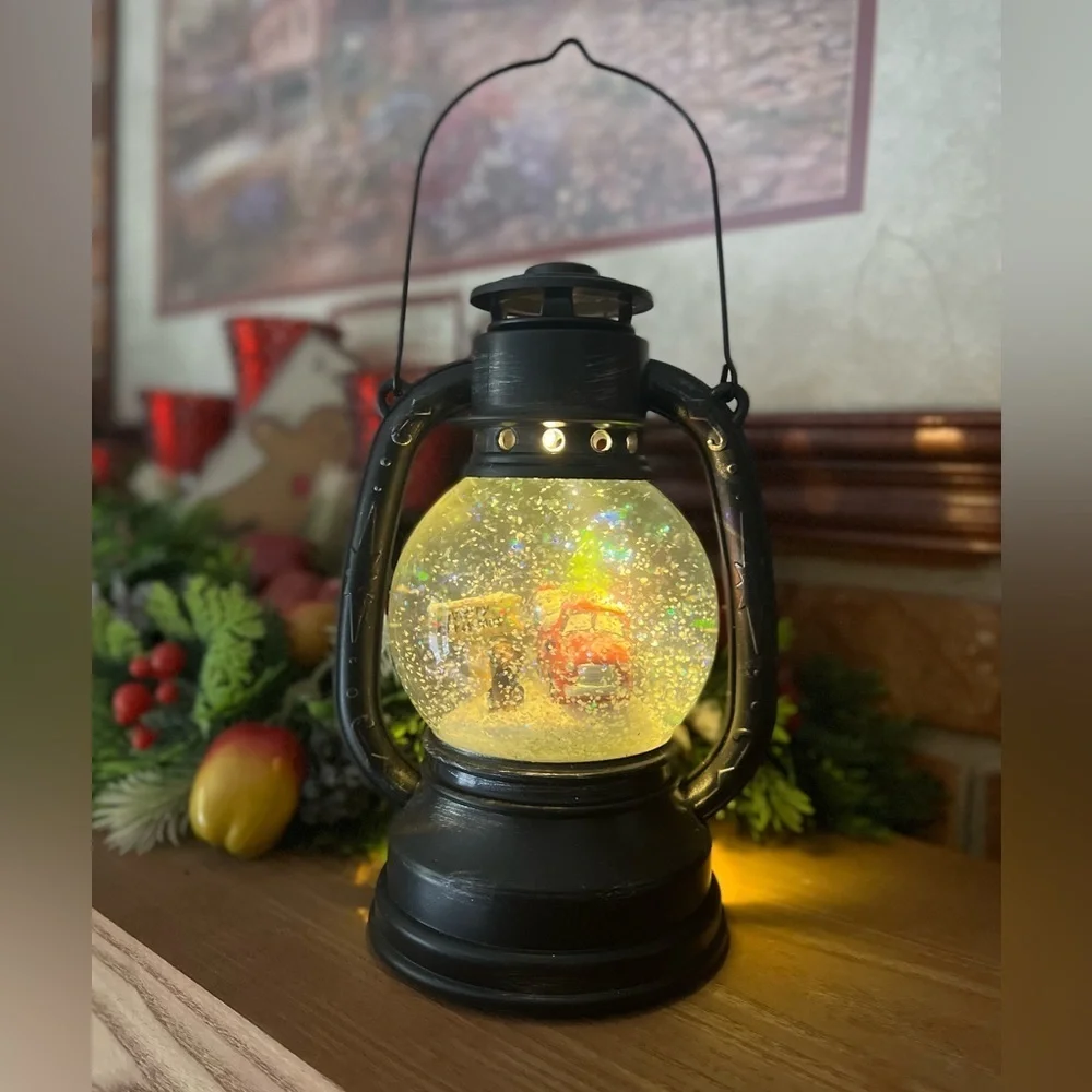 Vintage Merry Christmas Red Truck Snow Globe Lantern